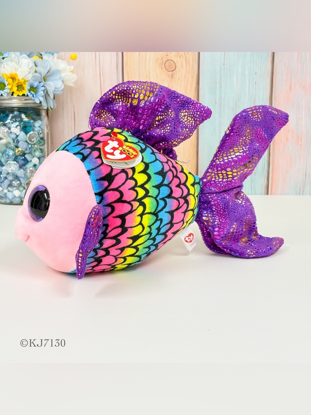 Ty Beanie Boos Large Rainbow Glittery Flippy the Fish With Tags Plush Toy